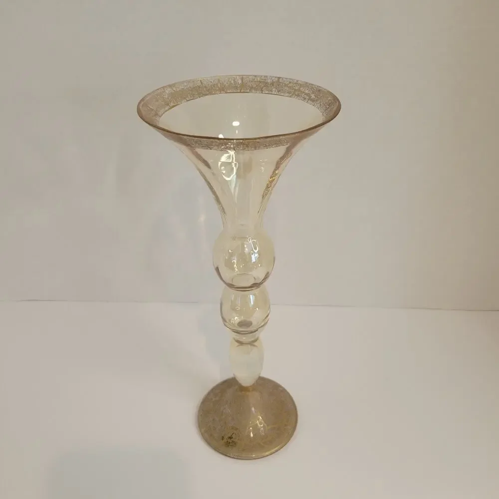 VTG Bombay Poland Mouth‑Blown Champagne Gold Art Glass Trumpet Vase 10.5